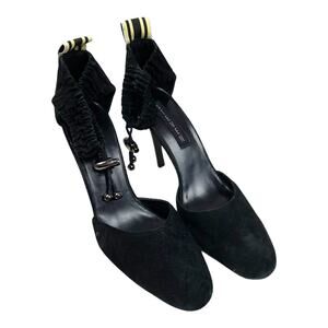 Steven Steve Madden Black Velvet Striped Heels Pumps Ankle Strap 8.5